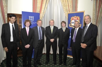 (L to R) Ruchir Punjabi, USU President, Russell Schmidt, Fabian Society, Alan Cameron, Deputy Chancellor, The Honorable Kevin Rudd, Prime Minister, Simon Theobald, Fabian Society President, Dr Michael Spence, Vice Chancellor and Paul McJannett USU CEO